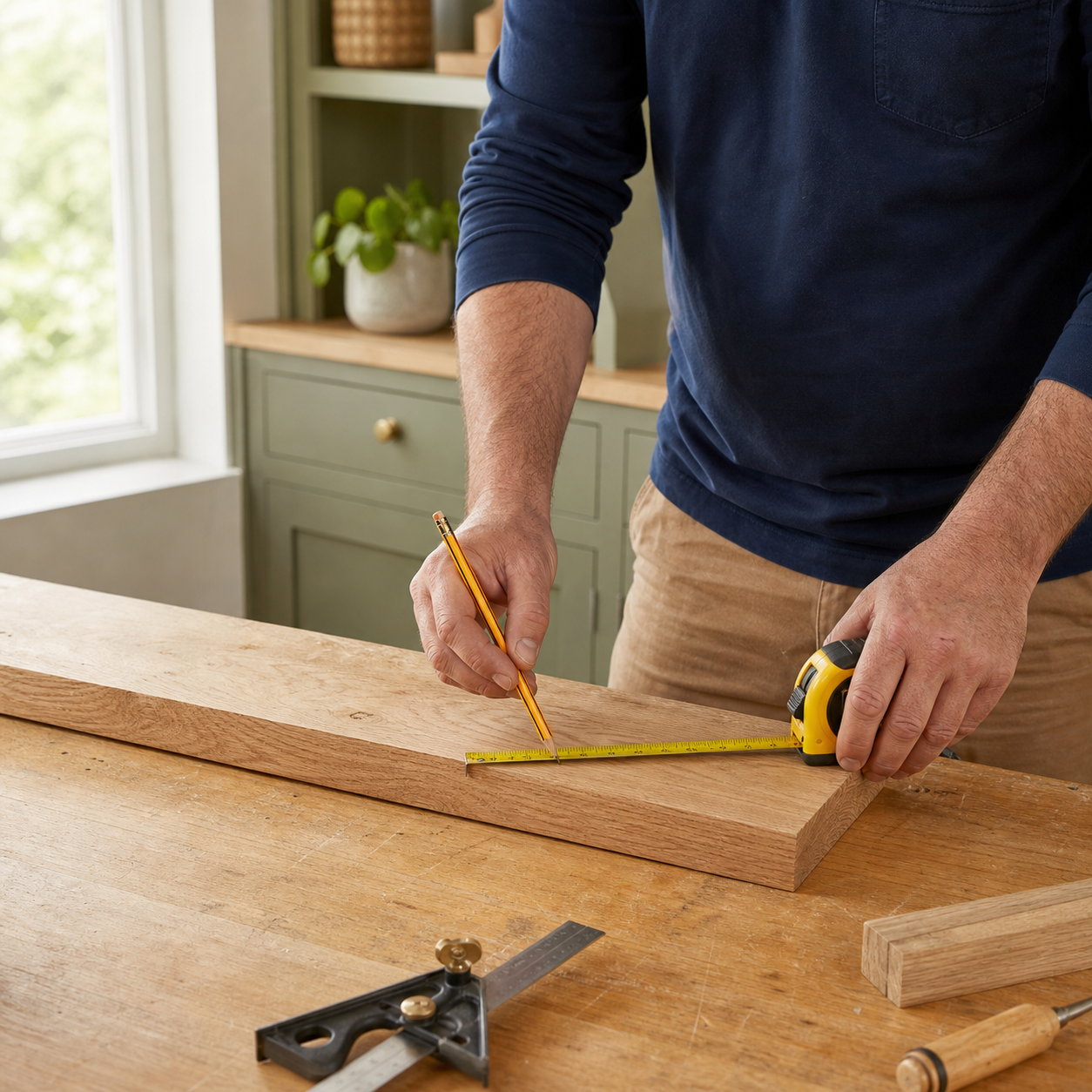 Handyman measuring an oak board carefully before making a cut